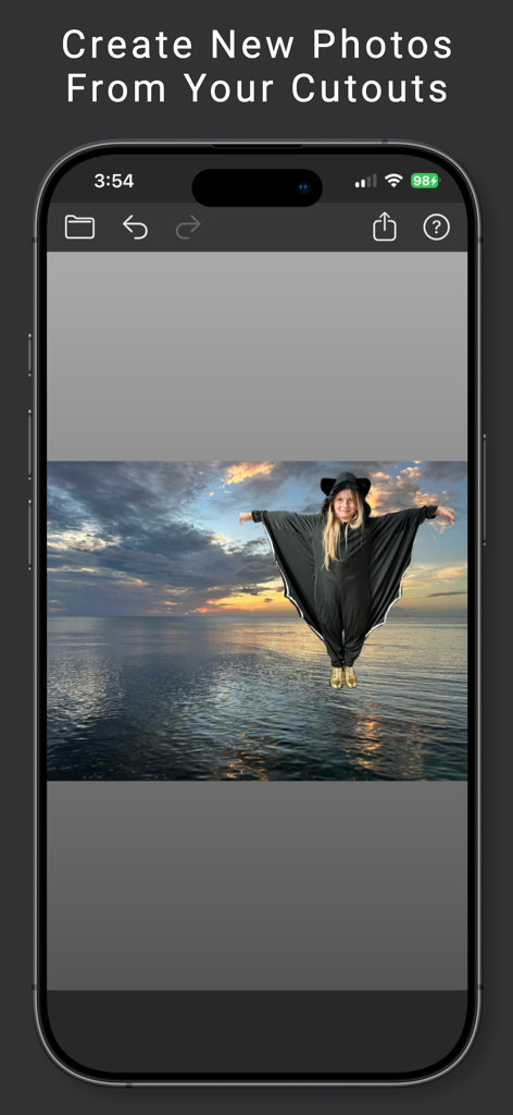 Facecopy: Face Swap Pic Editor - A mobile interface of the Facecopy app showing a cutout of a child in a costume pasted onto a sunset ocean background