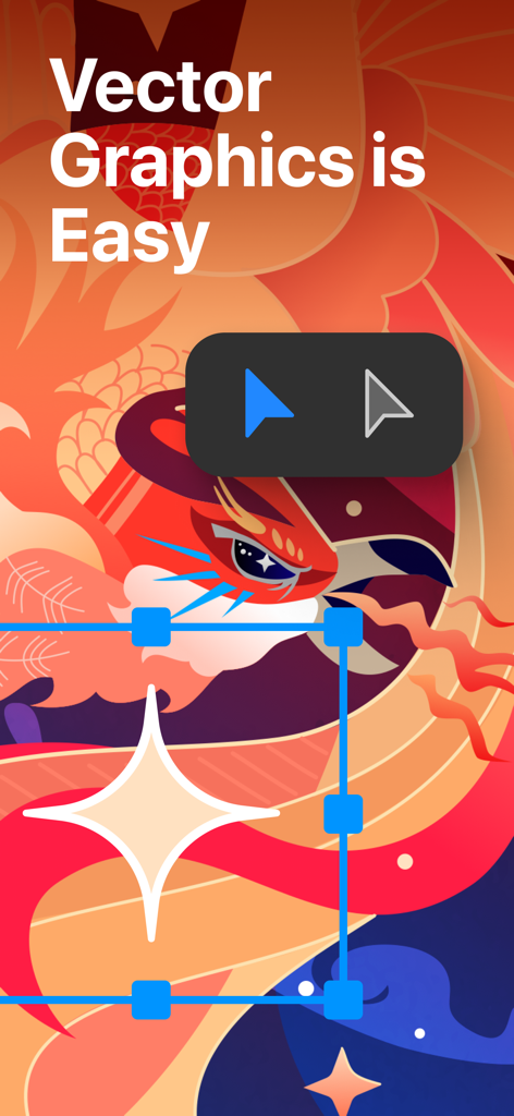 A colorful vector illustration of a bird in the Amadine app with the text Vector Graphics is Easy and design tools