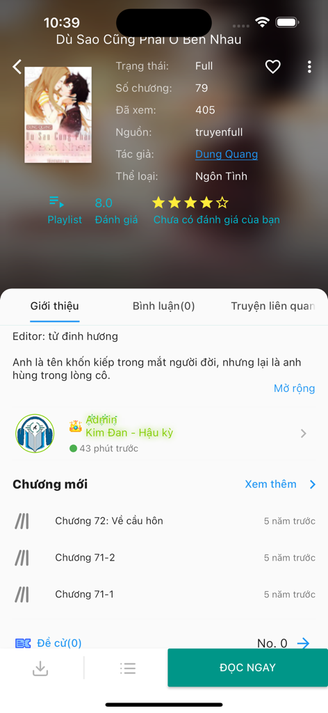 Audio Truyện -Đọc Nghe Kết Hợp - Mobile screen showing details for a Vietnamese romance audio book including title author and chapter list