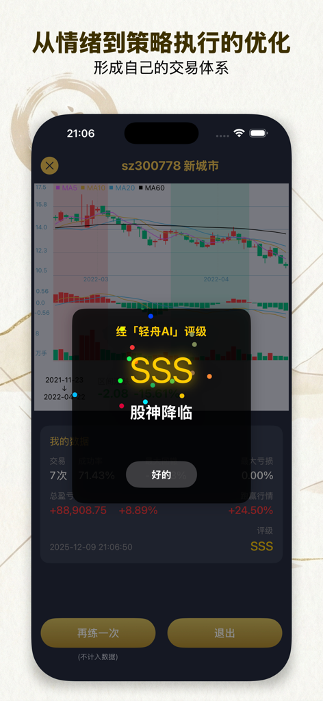 轻舟 - K线训练,炒股大师之路 - Una captura de pantalla de smartphone que muestra la aplicación de entrenamiento de acciones Qingzhou con un gráfico técnico de K-lines y un aviso de calificación de rendimiento SSS generado por IA.