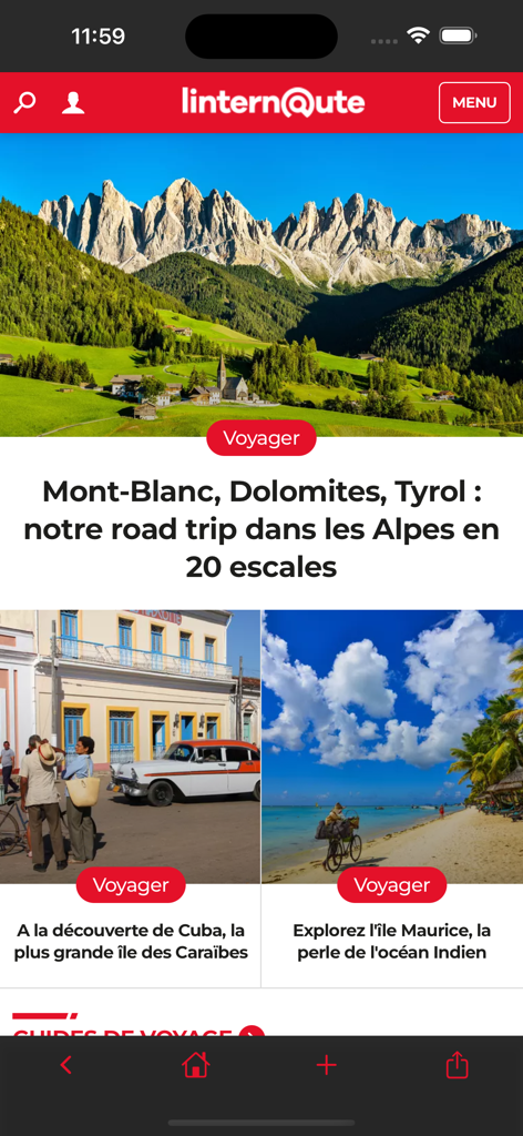La section voyages de l'application Linternaute montrant des articles sur les road trips dans les Alpes, à Cuba et à l'île Maurice.