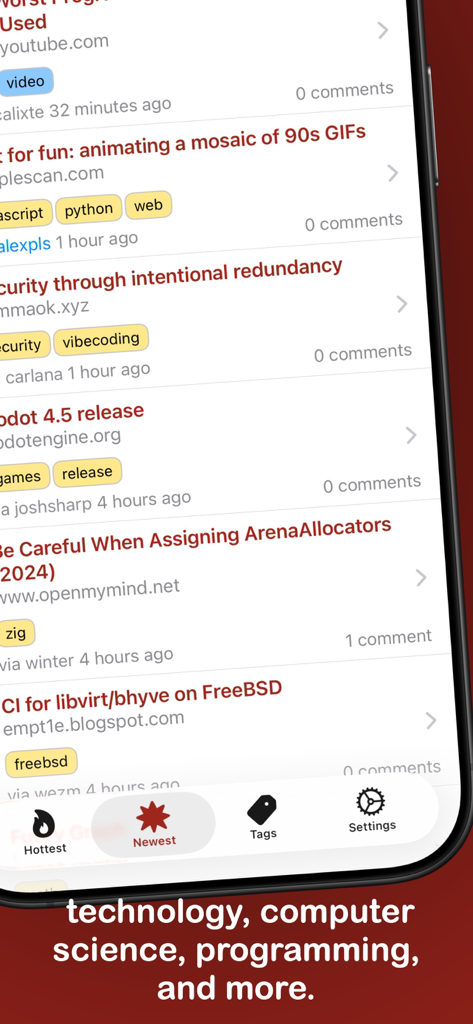 Interface of the claw app displaying the newest technical and programming stories from the Lobsters community.