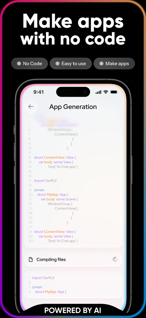 VibeCode: AI Coding App Maker - VibeCode app interface showing AI generating code for a new mobile application