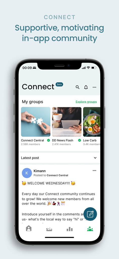 Diet Doctor - A smartphone displaying the Diet Doctor app Connect feature with community groups and a welcome post
