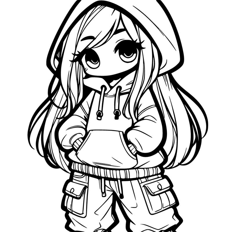 girl with long hair and a oversized hoodie and baggy cargo pants