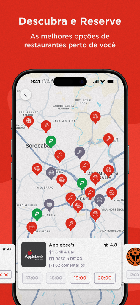 Primeira - Smartphone displaying the Primeira app with a map of nearby restaurants and a booking card for Applebees
