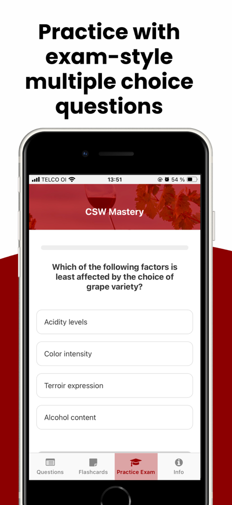 CSW Mastery - CSW Mastery app screen showing a multiple choice practice exam question about wine grape variety factors.