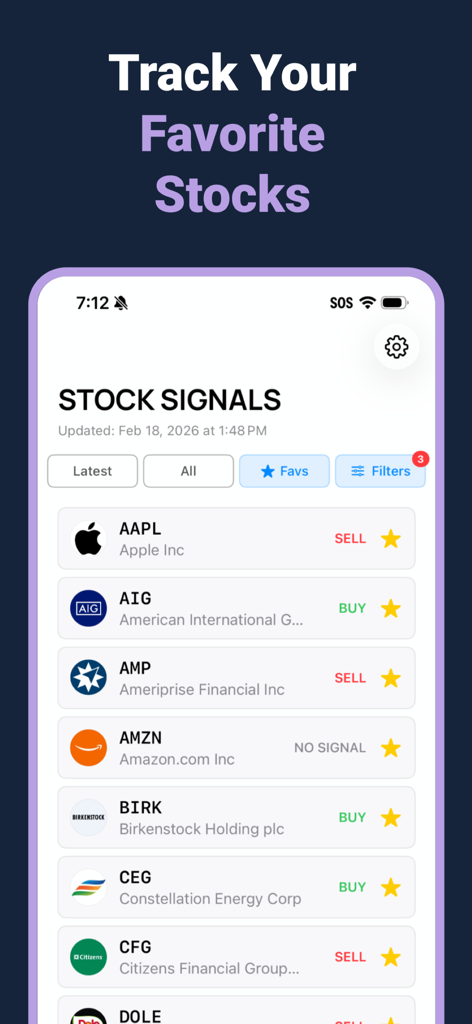 Stock Signals app interface displaying a list of favorite stocks with buy and sell alerts