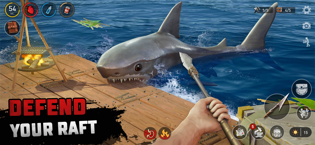 A player defending their wooden raft from a shark attack using a spear in a survival game
