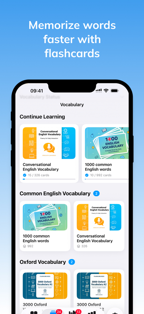 Parroto: Shadowing & Dictation - Benutzeroberfläche der Parroto-App, die englische Vokabelkartenstapel zur Auswendiglernen zeigt.