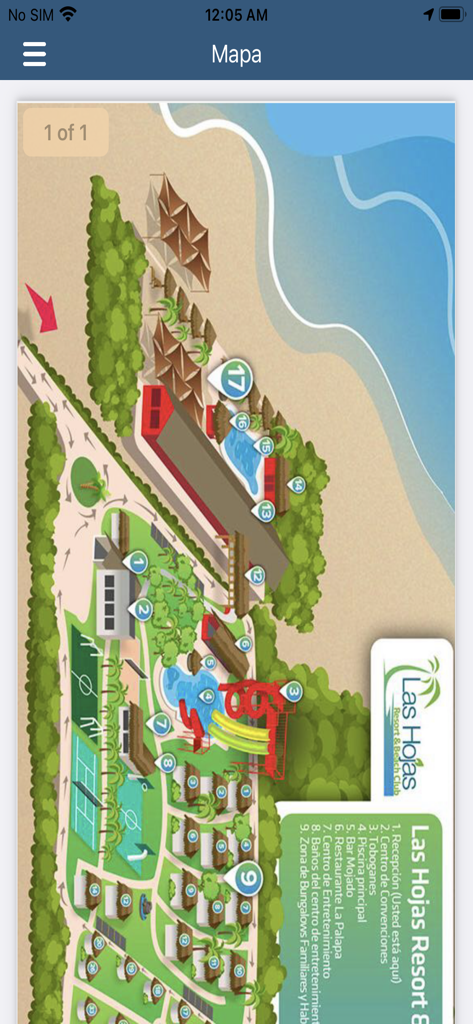 Las Hojas Resort - Vista del mapa de la distribución de Las Hojas Resort y Beach Club, incluyendo piscinas y áreas de playa.