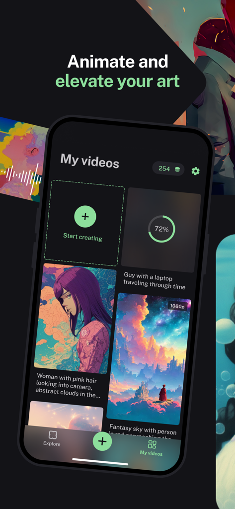 Kaiber - Pantalla de la aplicación móvil Kaiber que muestra una colección de proyectos de video artísticos generados por IA.