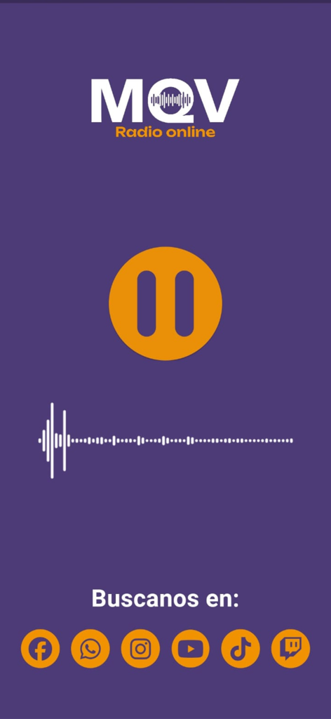 MQV Radio Online - Interface of MQV Radio Online showing a large pause button and social media icons on a purple background