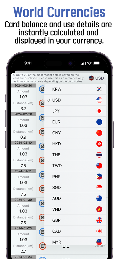 A smartphone screen displaying a list of world currencies and flags for converting Korean transit card balances within the BucaCheck app.