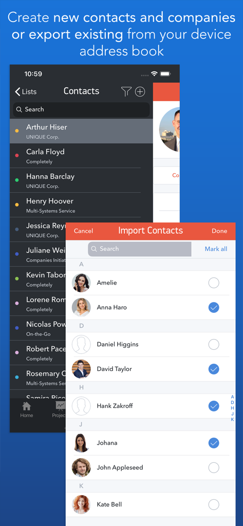 Bildschirm der Task Office-App zur Verwaltung professioneller Kontakte und zum Importieren aus dem Adressbuch.