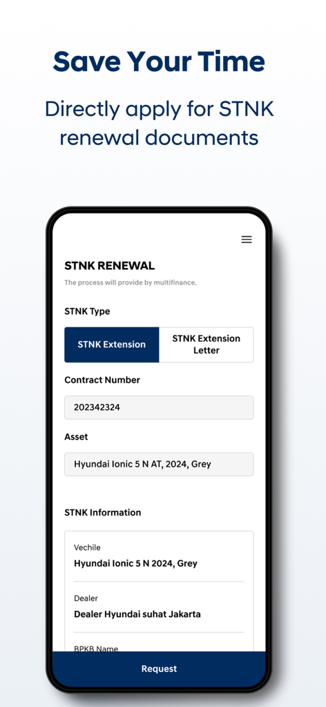 Pantalla de la aplicación Hyundai Finance para la solicitud de renovación del registro del vehículo.