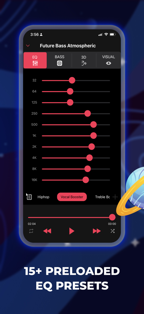 iEqualizer: Bass Booster Amp - Interfaz del ecualizador en la aplicación iEqualizer que muestra deslizadores de frecuencia y presets de sonido pre-cargados