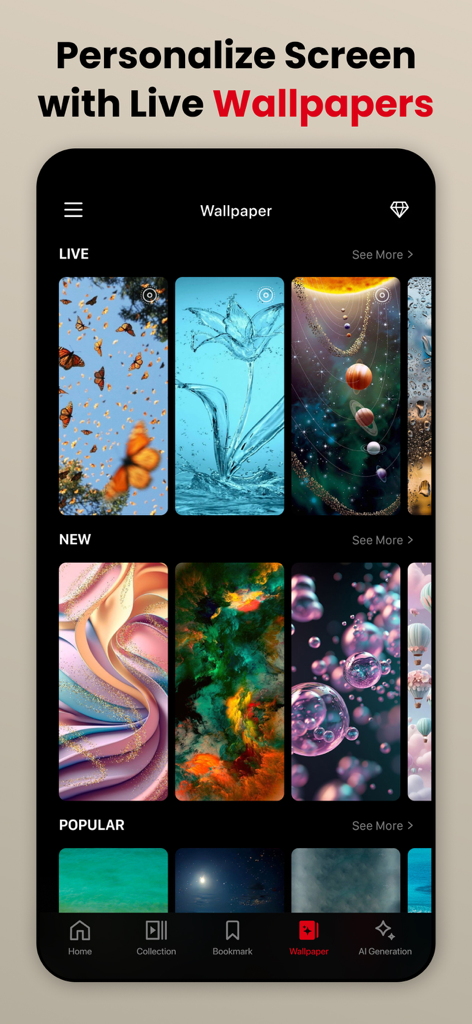 PinSaver: Save Pin Video - A screen from PinSaver showing various aesthetic live wallpapers to personalize your phone