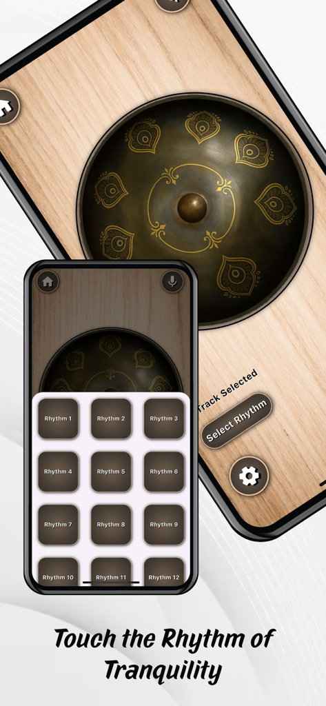 Un smartphone mostrando el menú de selección de ritmo de la aplicación Hang Drum Instrument junto a la interfaz del handpan