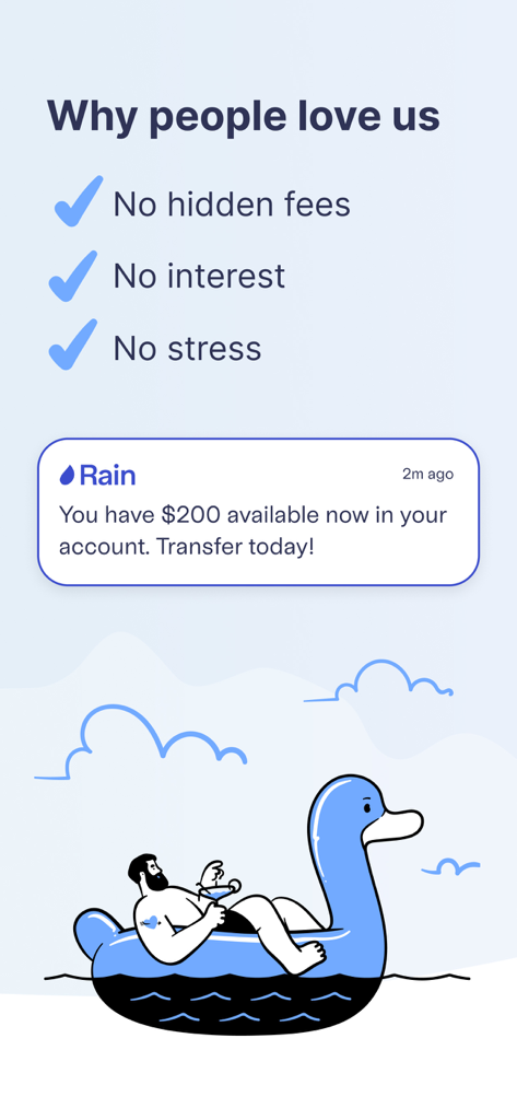 Rain app screen highlighting no hidden fees or interest with an instant pay notification