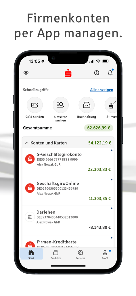 Sparkasse Business - Dashboard of the Sparkasse Business mobile app showing business account balances and financial tools