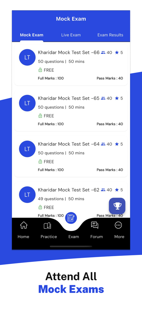 Loksewa Tayari  Offline - 2082 - Mobile app screen displaying a list of free Kharidar mock test sets for civil service exam preparation