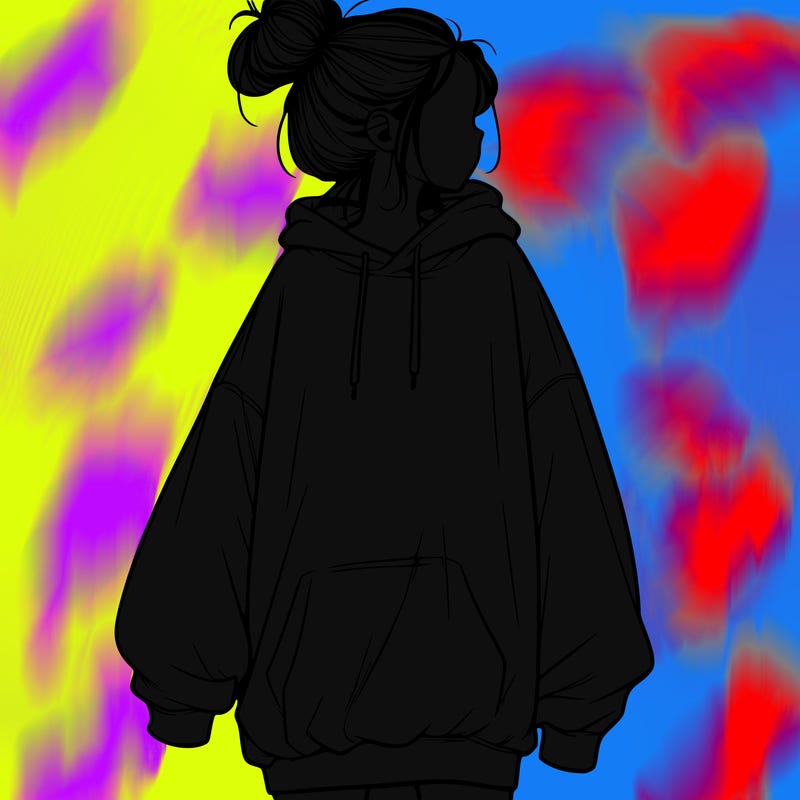 realistic girl with a oversized sweatshirt on and a bun