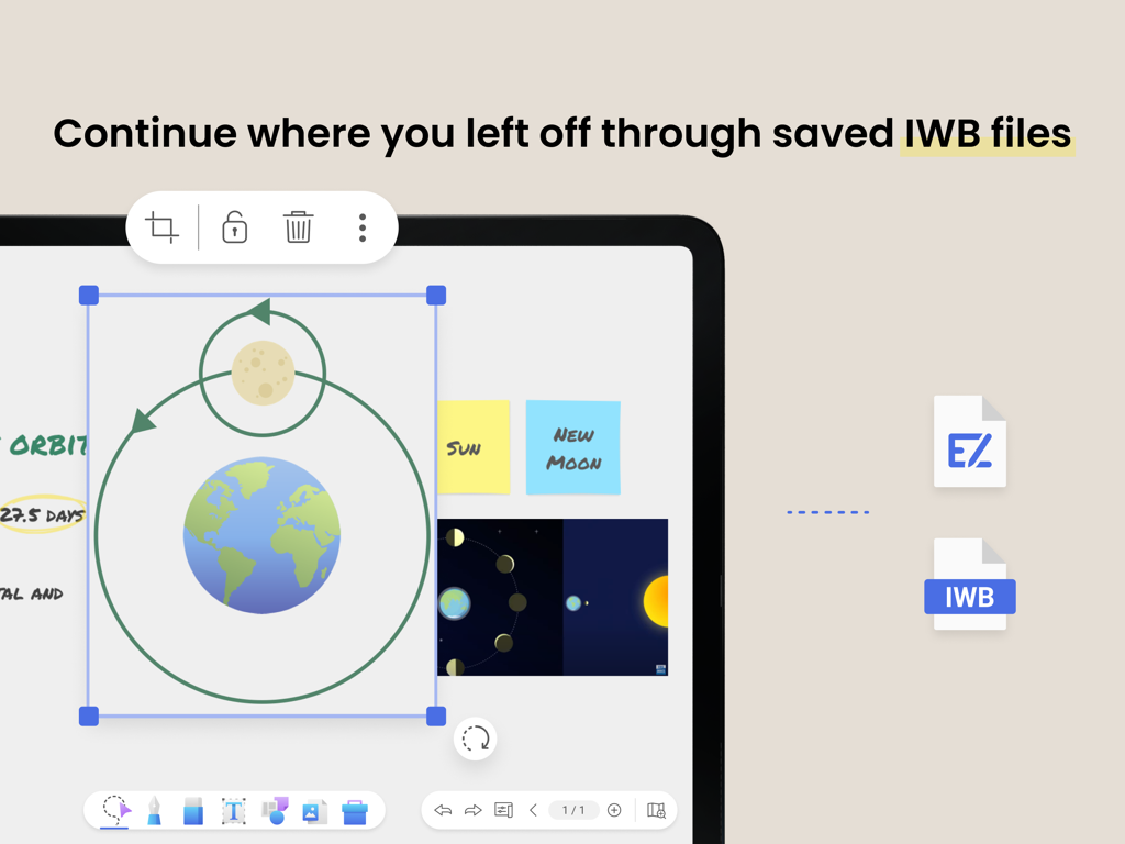 EZWrite 6 - Interfaz de EZWrite 6 que muestra una pizarra digital con un diagrama de órbita terrestre y la opción de continuar el trabajo desde archivos IWB guardados
