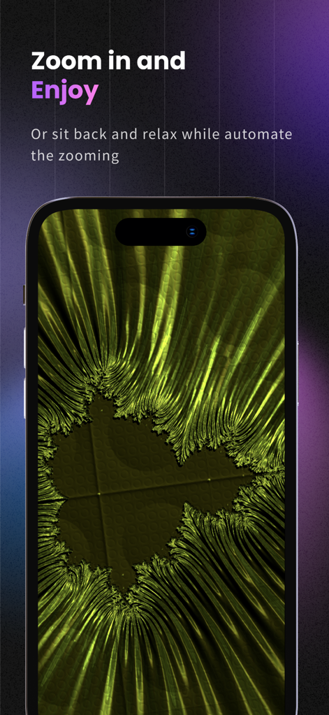 Magic Fractals 2D: Art Therapy - An iPhone displaying a complex golden fractal pattern with text describing the automated zoom and relax feature