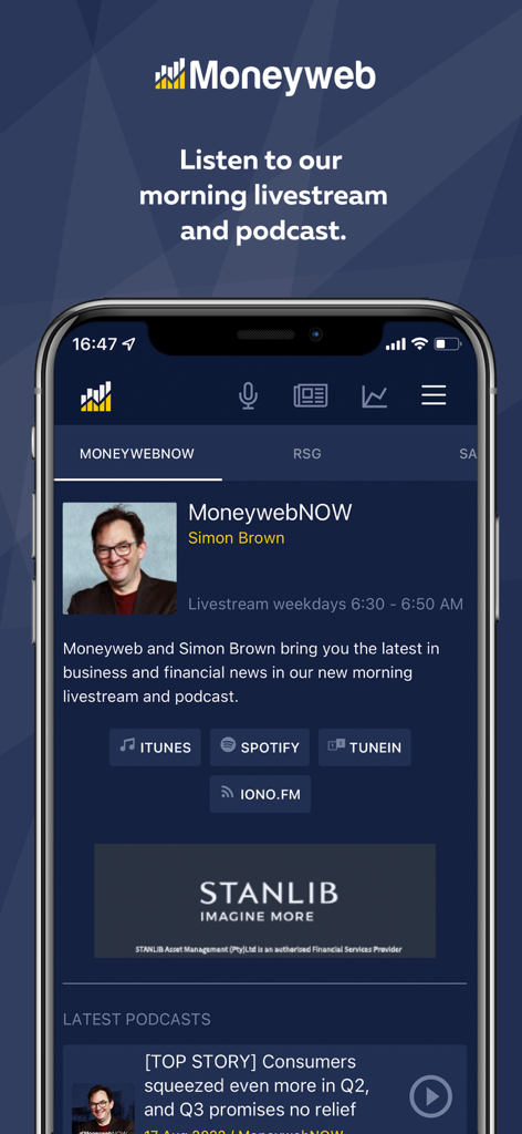 Moneyweb News app interface showing the MoneywebNOW morning livestream and podcast screen with links to external audio platforms