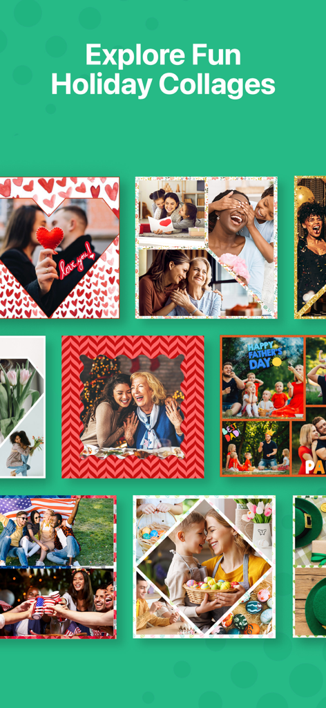 A showcase of various holiday themed photo collages and layouts in Pic Stitch