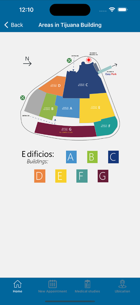 A color coded map of the different buildings at the SIMNSA medical clinic in Tijuana