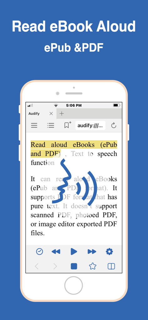 Smartphone showing Audify app reading an eBook aloud with text to speech controls