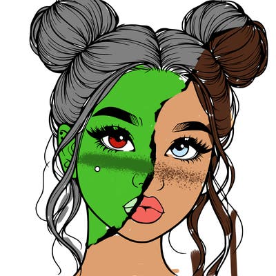 realistic girl with two buns on her hair and lips