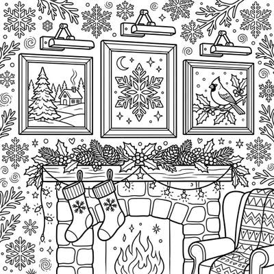 Dive into the festive spirit with this detailed coloring page, showcasing a cozy winter scene complete with a crackling fireplace and beautifully lit seasonal artwork. Perfect for unwinding, it combines the charm of indoor warmth with the magic of a snowy wonderland.