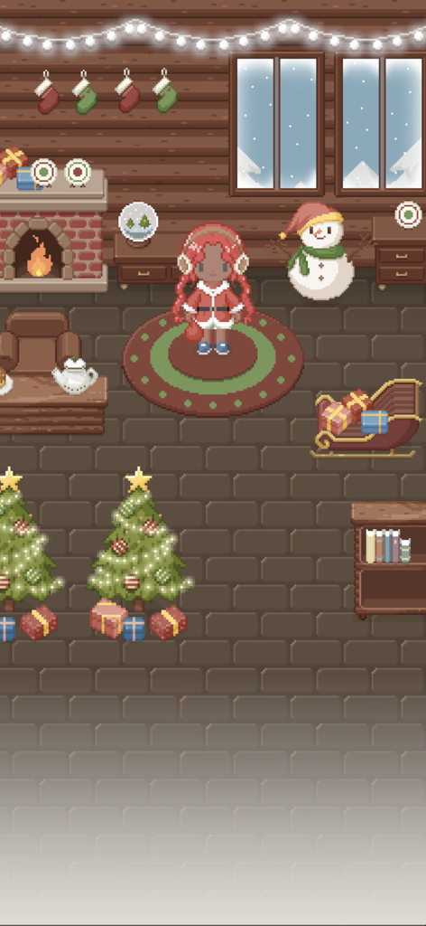 Tiny Boutique : Fashion Game - Pixel art fashion boutique decorated for Christmas with festive trees a fireplace and a character in a Santa outfit