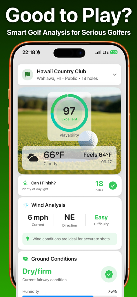 Golf weather app showing a playability score of 97 at Hawaii Country Club with wind and ground analysis.