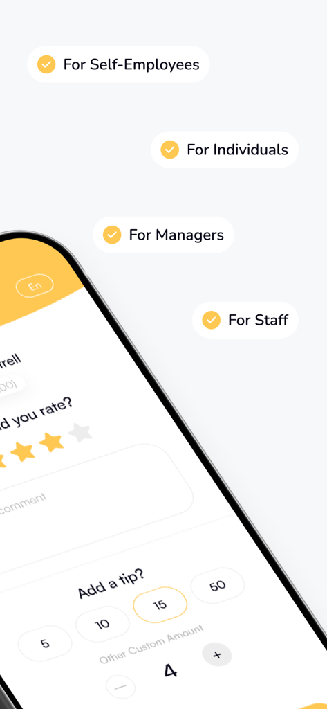Thanx - Thanx app interface displaying rating stars and digital tipping options for service workers and staff