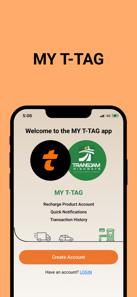 My T-tag - The welcome screen of the My T-tag mobile app featuring account creation and login options for highway toll management.