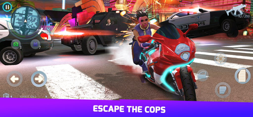A character riding a red motorcycle during a high-speed police chase in Gangstar Vegas.