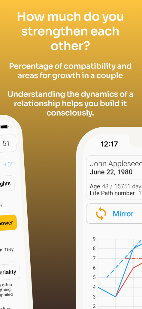 Numerology AI: Only Birthdate - Numerology AI app interface showing relationship compatibility and life path analysis