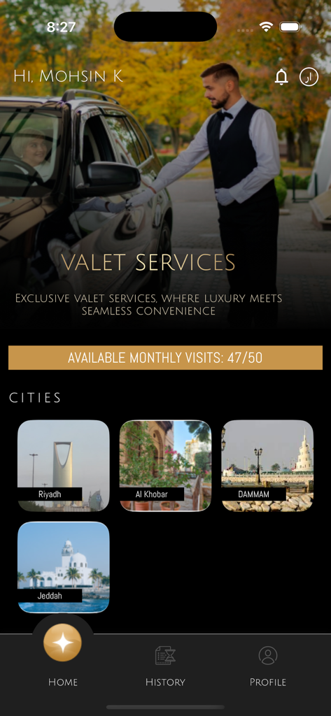 ZAPS Premium mobile app interface showing exclusive valet services and city selection for premium members