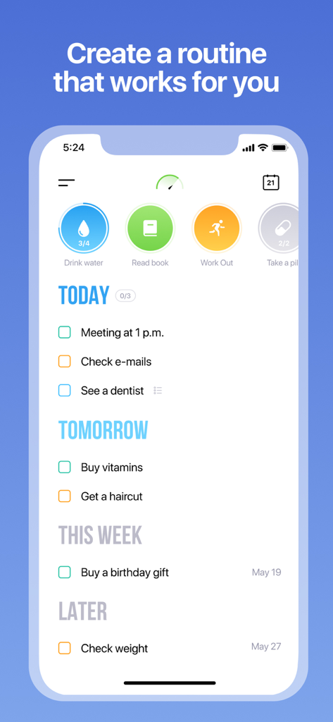 Tappsk app interface showing habit tracking icons and a daily to-do list organized by timeframes.