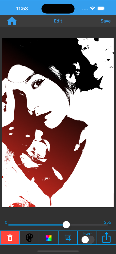 Fx Stencil - Editing interface of Fx Stencil app showing a woman portrait converted into a high contrast red and black stencil