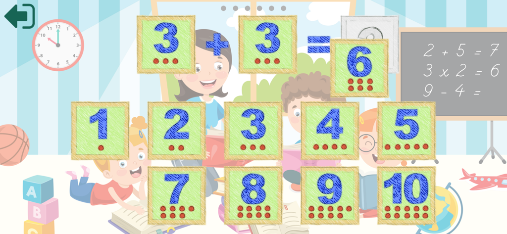 Вычитание и сложение до 10 - Interface of a kids educational app showing an addition problem 3 plus 3 equals 6 with numbered tiles from 1 to 10