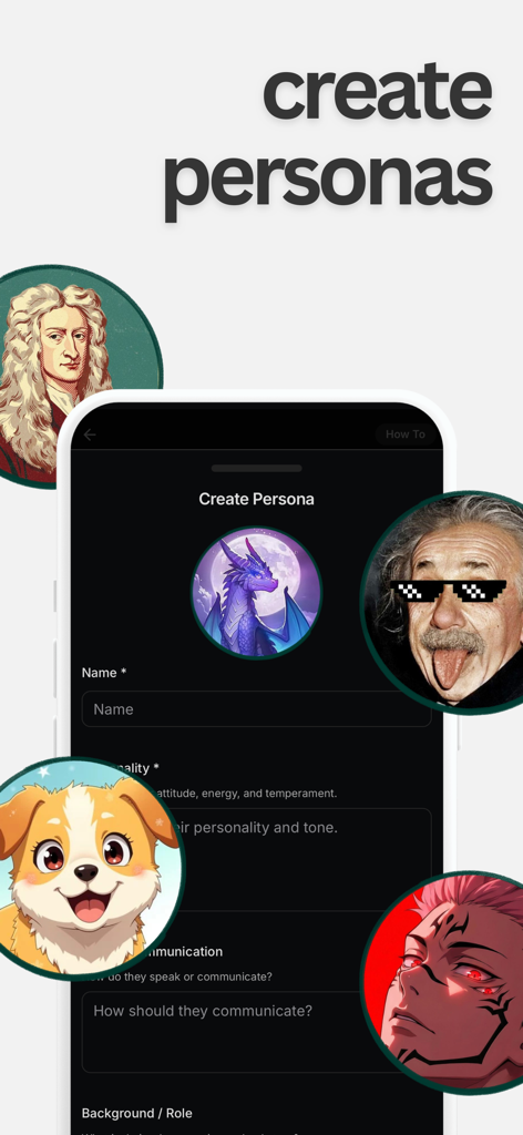 Viro - Eco-Friendly AI - Uma tela mostrando como criar personas de IA personalizadas com vários avatares no aplicativo Viro