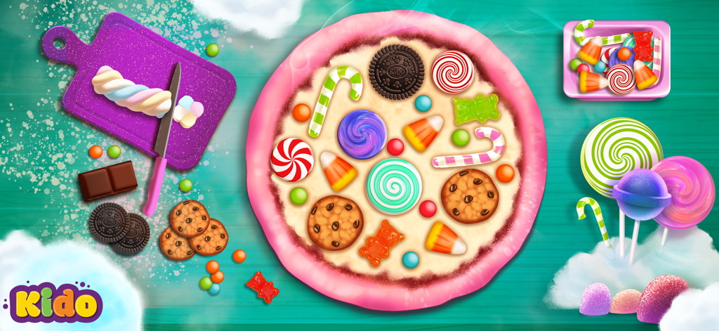 Pizza Games Baking for Kids - Una pizza virtual colorida decorada con varios dulces y caramelos en un juego de cocina para niños.