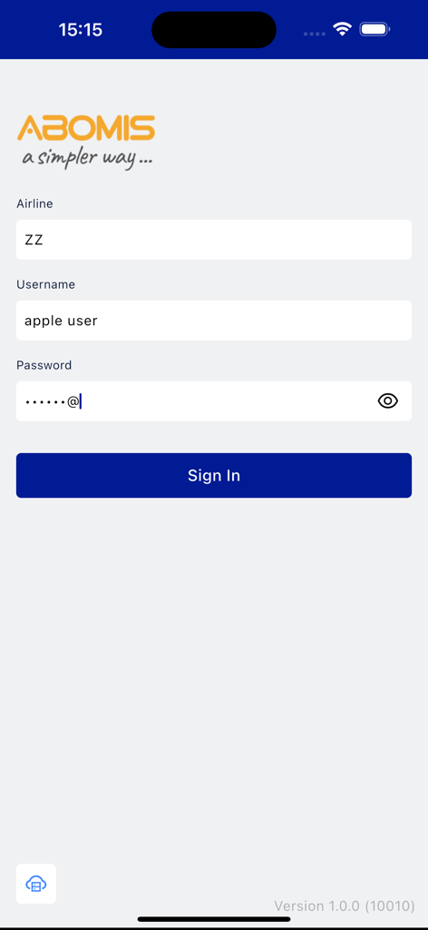 Multi DCS - Multi DCS mobile app login screen with airline and credentials fields