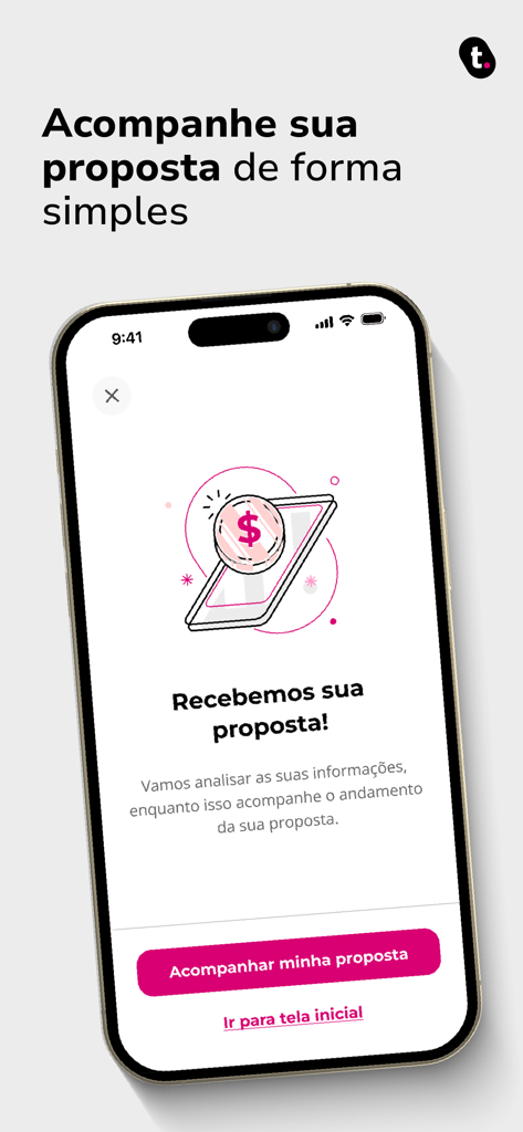 meutudo. Empréstimo, INSS FGTS - Pantalla de confirmación en la app meutudo indicando que se ha recibido una propuesta de préstamo con un botón para seguir el progreso.