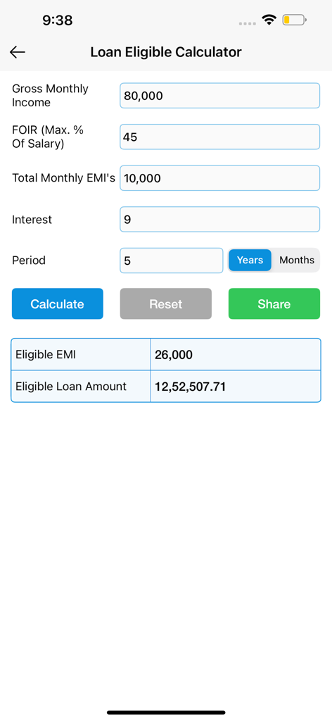 EMI Calculator : Loan Manager - Tela da calculadora de elegibilidade de empréstimo mostrando renda mensal e valor do empréstimo calculado